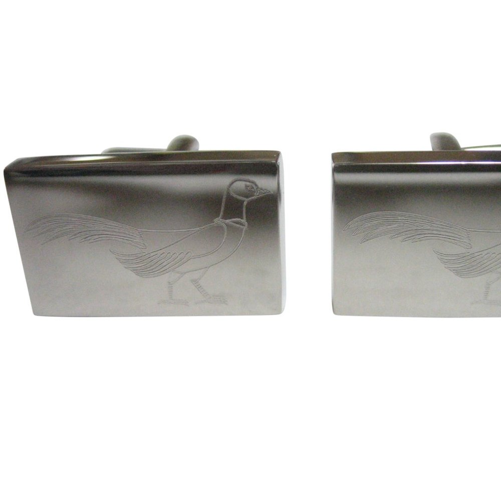 Silver Toned Rectangular Etched Pheasant Bird Cufflinks